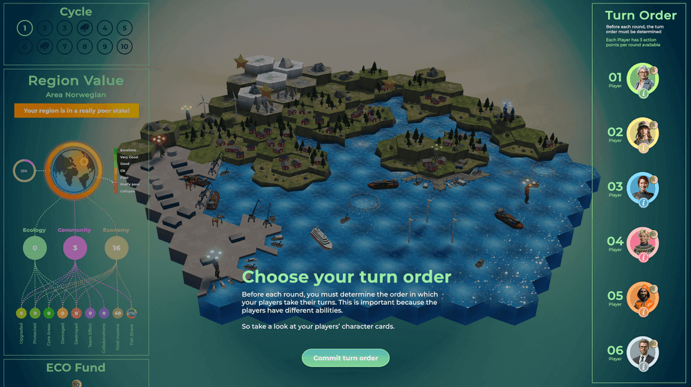 Screenshot of the Coastal Challenge strategic game showing a 3D coastal region map, resource dashboard, and turn order selection screen for climate adaptation decision-making